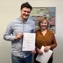 Postdoc Knud Ryom is Lecturer of the Year at Public Health Science. Here he receives his diploma from Professor Helle Terkildsen Maindal. Photo: Nanna Husted.