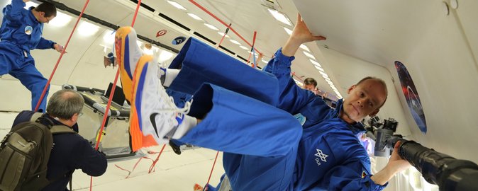 Associate Professor Thomas Corydon in weightless conditions during his latest parabolic flight. Private photo.