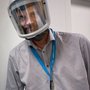 Conor Leerhøy wearing one of the face shields that was difficult to get hold of but compulsory to wear in the new corona laboratory in the Skou Building.