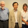 94-year-old Professor Jens Christian Skou congratulated the research team on the new result, when Professor Toyoshima from the University of Tokyo gave a lecture at Skou’s old department on 23 August 2013. From the left: Flemming Cornelius, Jens Christian Skou, Chikashi Toyoshima, Janne Petersen and Bente Vilsen.