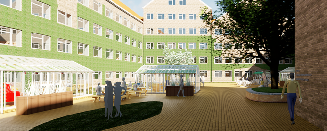 See an illustration of how the outdoor environment at Grønnegården will look. Illustration: Olga Mabelenge